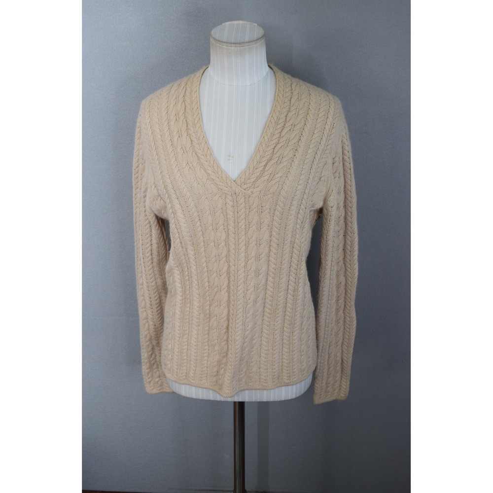 Neiman Marcus Cashmere Sweater Medium Beige Cable Knit V-Neck Luxury Women